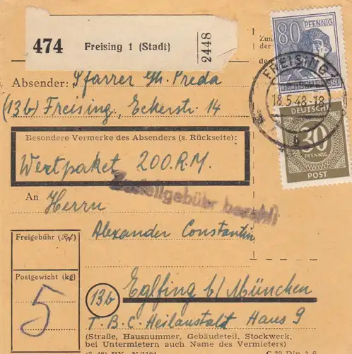 Paketkarte 1948: Freising nach Eglfing, T.B.C. Heilanstalt, Wertkarte
