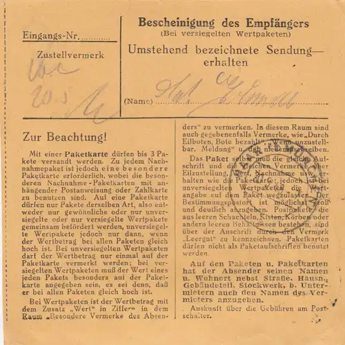 Paketkarte 1948: Freising nach Eglfing, T.B.C. Heilanstalt, Wertkarte