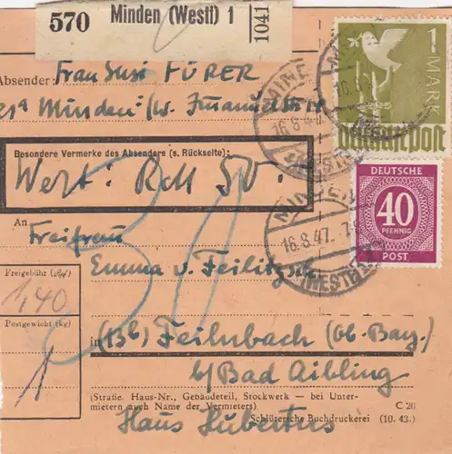 Carte de paquet 1947: Minden vers Feilnbach, carte de valeur