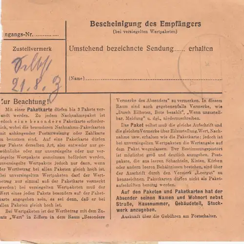 Paketkarte 1947: Minden nach Feilnbach, Wertkarte