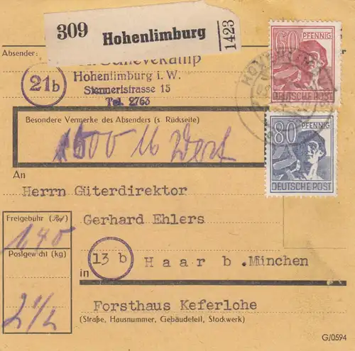 Carte de paquet 1948: Hohenlimburg par Haar, carte de valeur