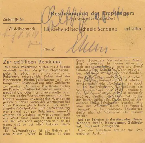 Paketkarte 1948: Hohenlimburg nach Haar, Wertkarte