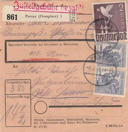 Paketkarte 1948: Passau nach Putzbrunn, Wertkarte 100 RM