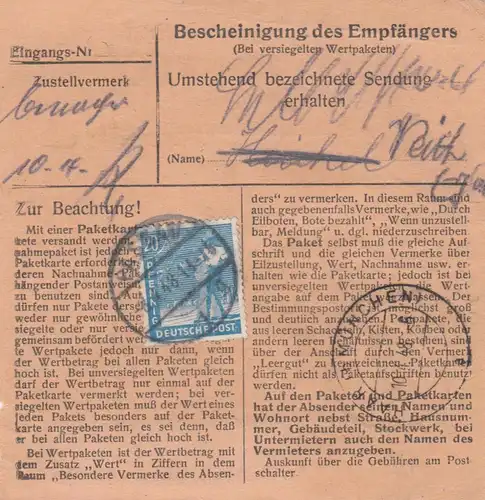 Carte de paquet 1948: Passau vers Putzbrunn, carte 100 RM