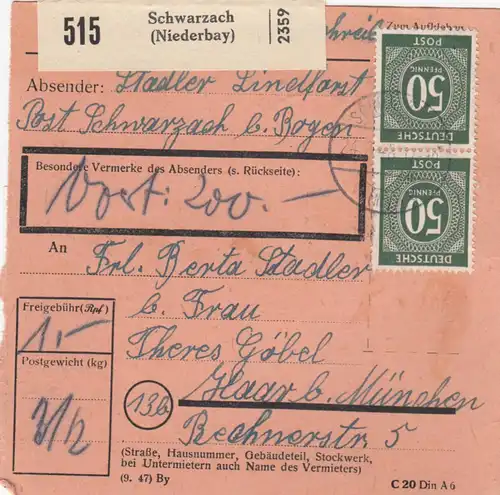Paketkarte 1948: Schwarzach bei Bogen nach Haar, Wertkarte