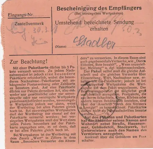 Carte de paquet 1948: Schwarzach à l'arc par cheveux, carte de valeur