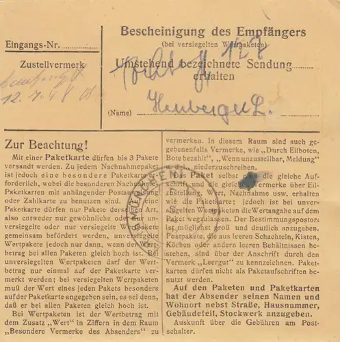 Carte de paquet BiZone 1948: Stamsried selon les cheveux, maître peintre