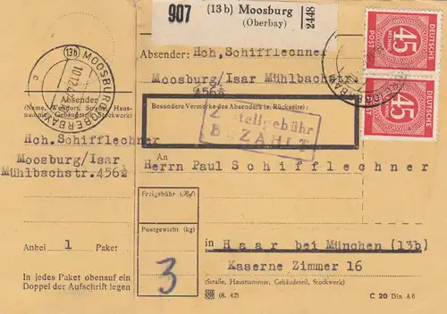 Paketkarte 1947: Moosburg Isar nach Haar, Kaserne Zimmer 16