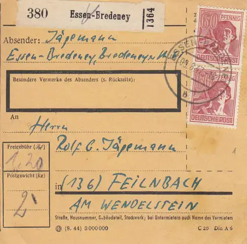 Carte de paquet 1947: Essen-Bredeney vers Feilnbach am Wendelstein