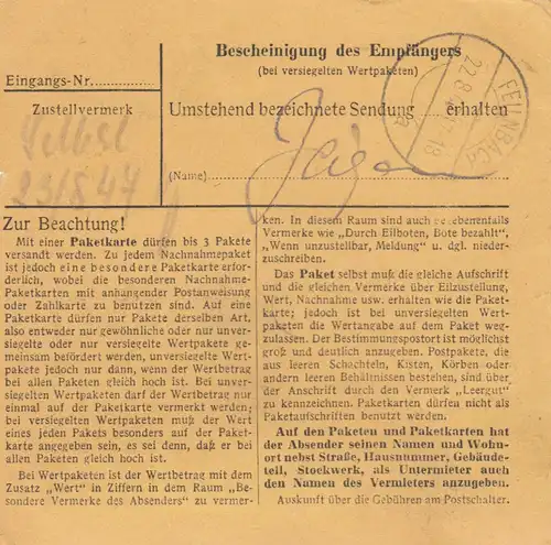 Carte de paquet 1947: Essen-Bredeney vers Feilnbach am Wendelstein