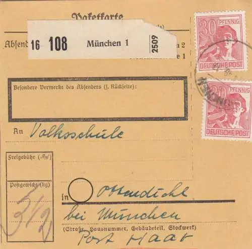 Carte de paquet 1948: Munich, Popksschule Ottendichl bei Munich