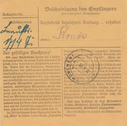 Paketkarte 1948: München, Volksschule Ottendichl bei München