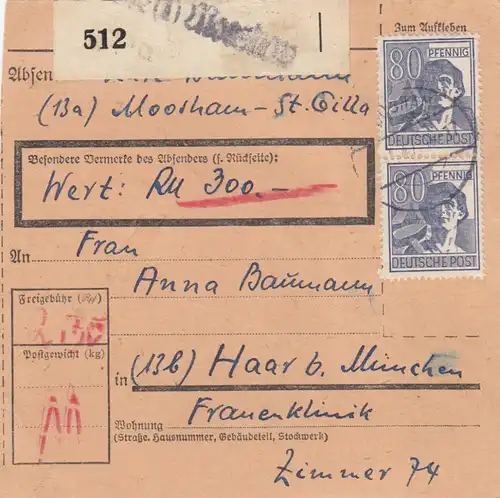 Paketkarte 1947: Moosham St. Gilla nach Haar, Frauenklinik, Wertkarte