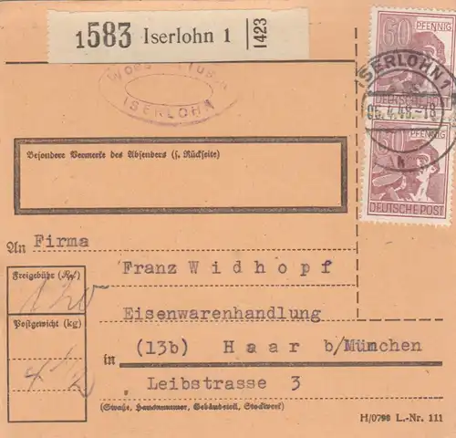 Paketkarte 1948: Iserlohn nach Einsenwarenhandlung in Haar