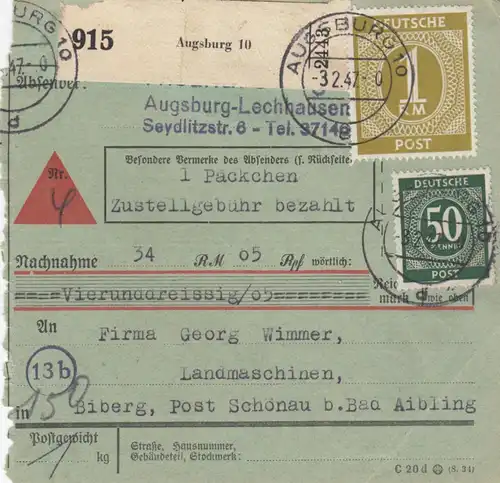 Paketkarte 1947: Augsburg n. Biberg, Landmaschinen, Nachn., bes. Formular