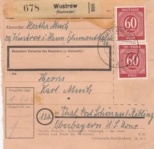 Carte de paquet 1947: Wustrow Hannover vers Thal, Post Schönau