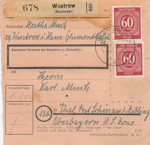 Paketkarte 1947: Wustrow Hannover nach Thal, Post Schönau