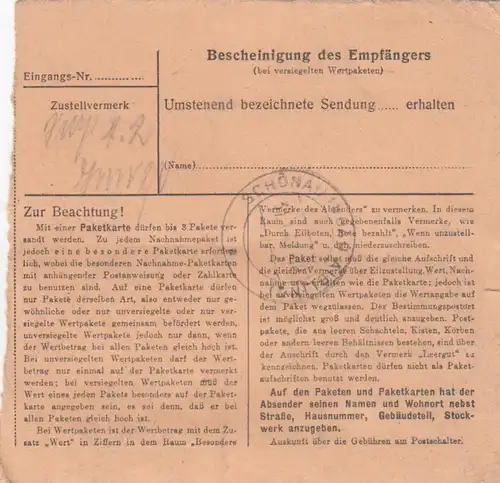 Carte de paquet 1947: Wustrow Hannover vers Thal, Post Schönau