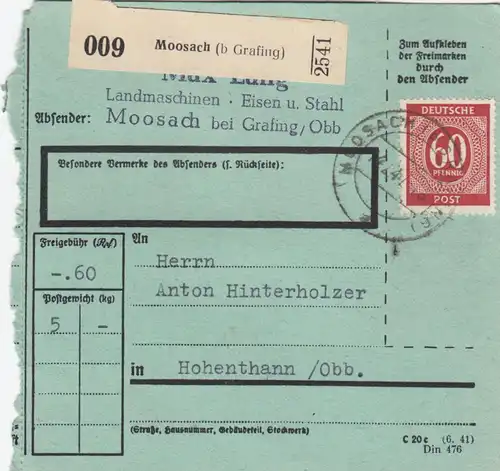 Carte de paquet 1947: Moosach vers Hohenthann, formulaire spécial