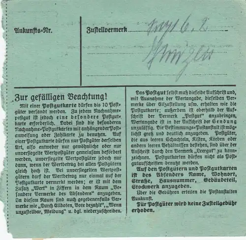 Paketkarte 1947: Moosach nach Hohenthann, besonderes Formular