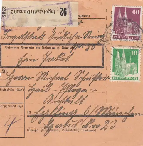 Carte de paquet BiZone 1948: Ingolstadt vers Heilanstalt Eglfing