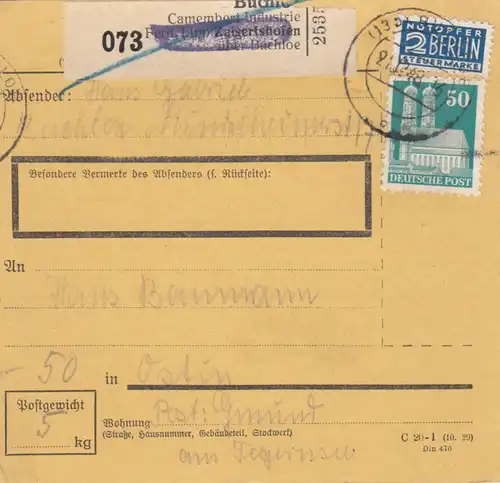 BiZone Paketkarte 1948: Zaisertshofen nach Ostin, Notopfer, Selbstbucher