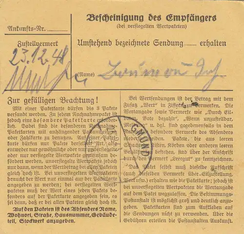 BiZone Paketkarte 1948: Zaisertshofen nach Ostin, Notopfer, Selbstbucher