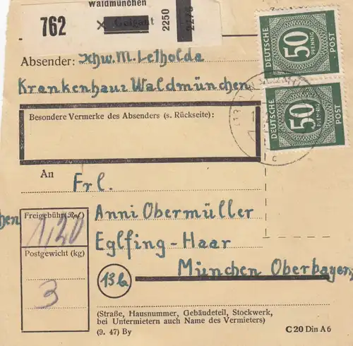 Paketkarte 1948: Krankenhaus Waldmünchen nach Eglfing Haar