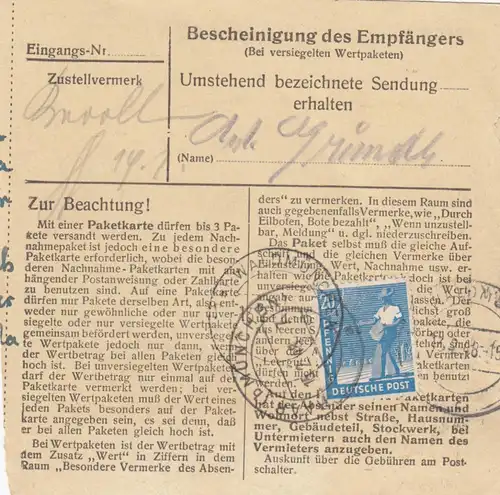 Carte de paquet 1948: Hôpital Waldmünchen après Eglfing Cheveux