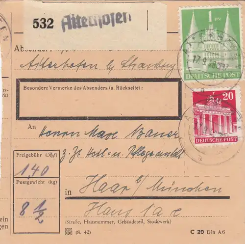 BiZone Paketkarte 1948: Altenhofen nach Heilanstalt Haar