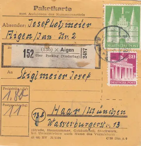 Carte de paquet BiZone 1948: Aigen sur Pocking après cheveux