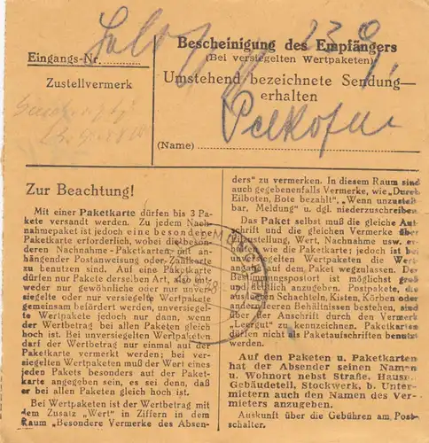 Carte de paquet BiZone 1948: Aigen sur Pocking après cheveux