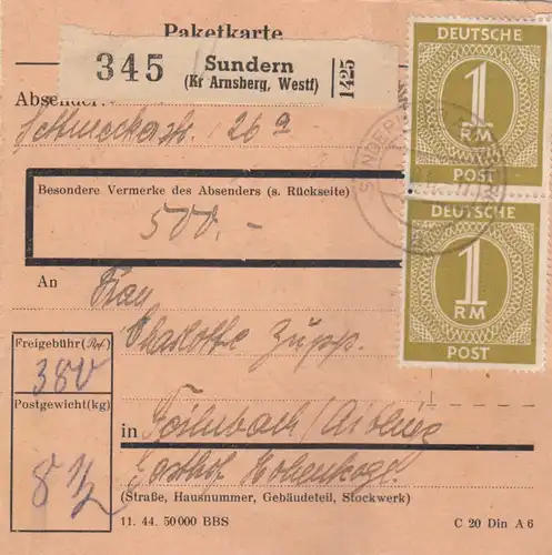Carte de paquet 1947: Sundern vers Feilnbach, Gasthof, carte de valeur