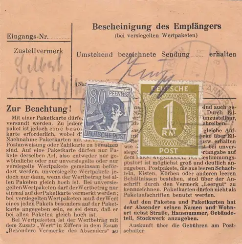 Paketkarte 1947: Sundern nach Feilnbach, Gasthof, Wertkarte