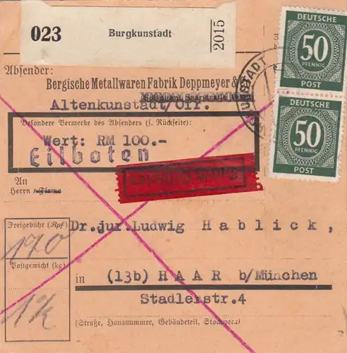 Carte de paquet 1947: Ville de Burgkun, Articles en métal, Carte, Par les eilbots
