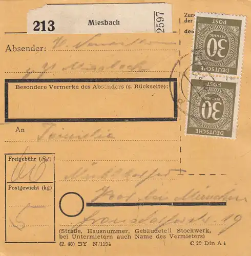 Paketkarte 1948: Miesbach nach Haar - München