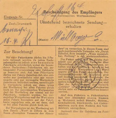 Paketkarte 1948: Miesbach nach Haar - München