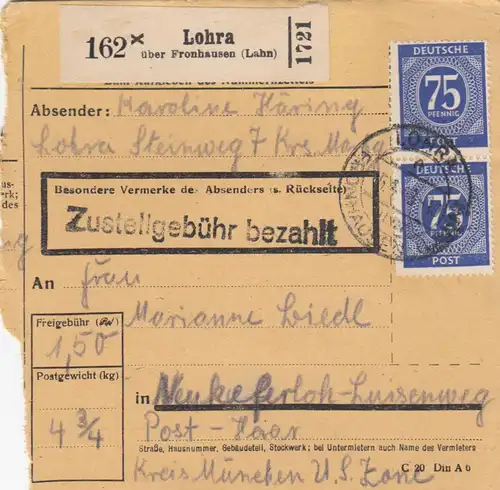 Carte de paquet 1948: Lohra via Fronhausen vers Neukeferloh