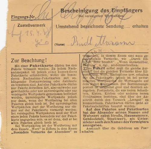 Carte de paquet 1948: Lohra via Fronhausen vers Neukeferloh