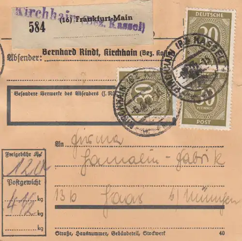 Carte de paquet 1948: Kirchhain par cheveux, Auto-bookeur