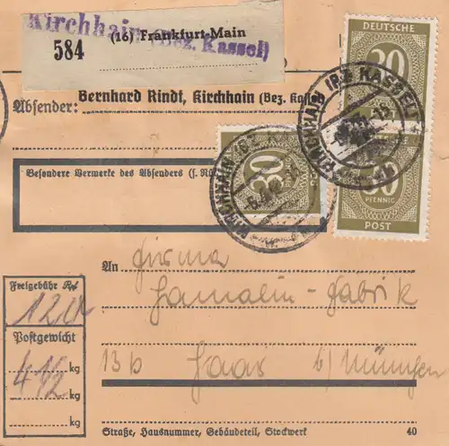 Paketkarte 1948: Kirchhain nach Haar, Selbstbucher