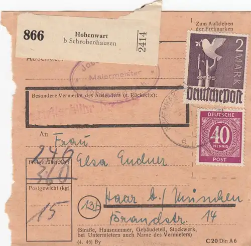 Carte de paquet 1947: Hohenwart chez Schrobenhausen après les cheveux