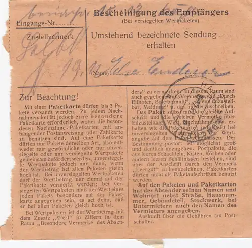 Carte de paquet 1947: Hohenwart chez Schrobenhausen après les cheveux