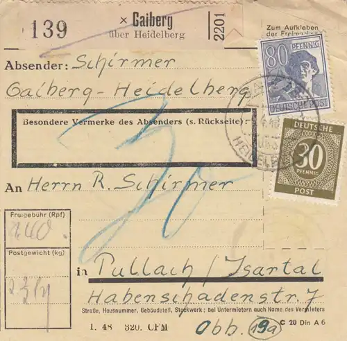 Carte forfait 1948: Gaiberg-Heidelberg d'après Pullach Isartal, supplément