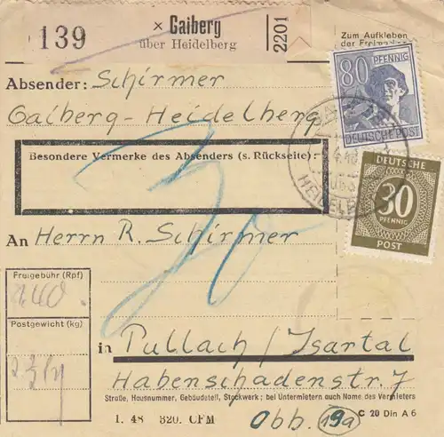 Paketkarte 1948: Gaiberg-Heidelberg nach Pullach Isartal, Nachgebühr
