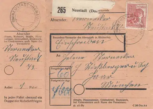 Paketkarte 1948: Neustadt Donau nach Haar, Eingeschrieben