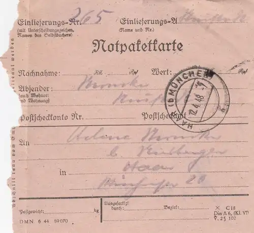 Carte de paquet 1948: Carte d'urgence pour Haar Munich