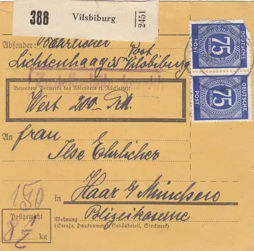 Paketkarte 1947: Lichtenhaag Vilsbiburg nach Haar, Wertkarte