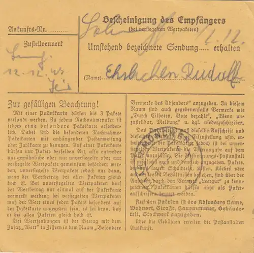 Carte de paquet 1947: Lichtenhaag Vilsbiburg par cheveux, carte de valeur