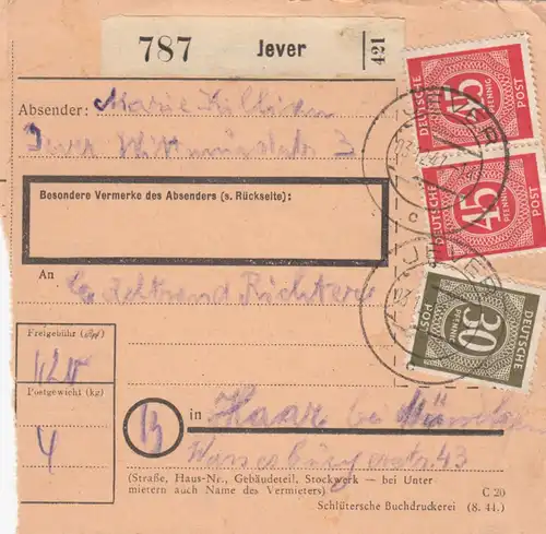 Carte de paquet 1947: Jever vers Haar près de Munich